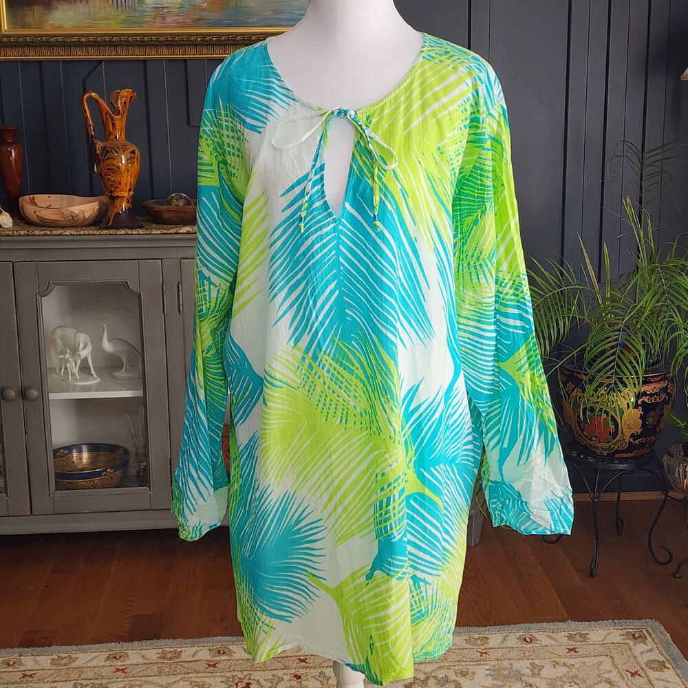 West Indies Blue Green Palm Motif Coverup Tunic Sz XXL